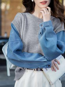 Вязаный топ с джинсовой отделкой для женщин Doux Belle, цвет Gray