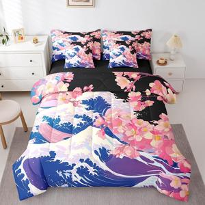 Erosebridal Комплект постельного белья Japanese Ocean Waves с цветочным принтом сакуры в восточном стиле, Blue Pink