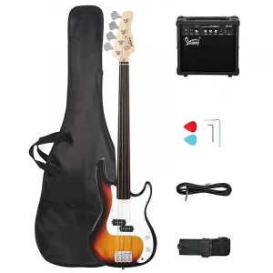 Электрогитара без ладов Glarry Fretless, полный размер, 4 струны, для опытных бас-гитаристов, Sunset / Усилитель 20 Вт