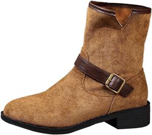 Женские повседневные ботильоны с круглым носком из замши, модные короткие сапожки с широкой голенью, противоскользящие с массивным низким каблуком Generic, Khaki