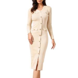 Свитер-платье женское с V-образным вырезом, длинным рукавом и пуговицами Inspire Chic, Apricot