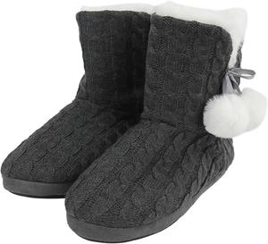 Женские вязаные домашние тапочки с помпонами, теплые пушистые ботильоны для дома с противоскользящей подошвой, мягкие и уютные для женщин Amzhom, Dark Grey