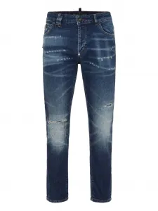 Джинсы с эффектом потертости и логотипом Philipp Plein, синий