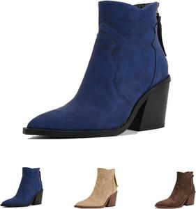 Женские замшевые ботильоны с острым носком, массивным каблуком и кисточкой, сзади на молнии, с вырезами, на устойчивом каблуке, для повседневной носки или работы Generic, Blue