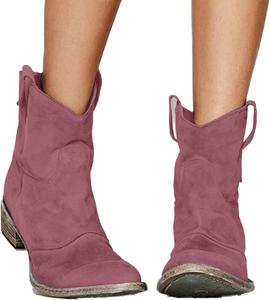 Женские ковбойские сапоги с низким каблуком, замшевые, с массивным каблуком, короткие ботильоны с круглым носком, без шнуровки, свободного кроя, модные ретро, с задней молнией, средней длины, осенне-зимние, удобные и теплые Generic, A-Purple