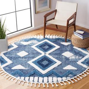 Ковер SAFAVIEH, 201 x 201 см, Moroccan Tassel Shag Collection, круглый, Blue & Ivory, дизайн бохо, без линьки и простой в уходе, толщиной, идеален для помещений с высокой проходимостью в гостиной, спальне (MTS656M)