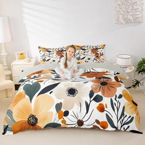 Erosebridal Винтажный бохо комплект постельного белья с цветочным и геометрическим принтом в ретро стиле, White Brown Green