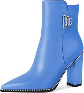 Younton Женские короткие ботильоны с заостренным носком, декорированные бусинами, массивным каблуком 3,7 дюйма и боковой молнией