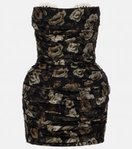 Мини-платье из шелка с цветочным принтом и сборками Magda Butrym, черный