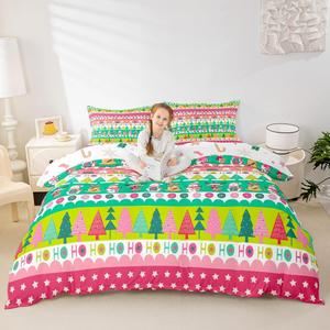 Erosebridal Детский комплект постельного белья с новогодним принтом, розовая елка, олени и снеговики, Multi 38