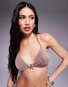 Блестящий треугольный бикини-топ South Beach с бретельками через шею в цвете тауп