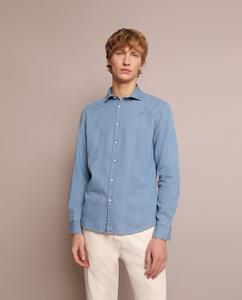 Однотонная узкая мужская рубашка синего цвета из денима Scalpers, синий