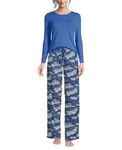 Подарочный комплект женской пижамы для высоких женщин: вязаный топ с длинными рукавами и фланелевые брюки Lands' End, Cobalt blue holiday penguins