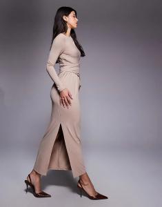 Платье макси ASOS DESIGN из мягкого материала с длинными рукавами и драпировкой цвета капучино