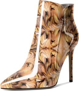 Женские ботильоны Soireelady на высоком каблуке-кубике с острым носком, на молнии, элегантные ботильоны на осень и зиму, Floral-Brown