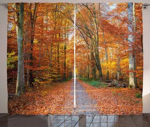 Шторы ABAKUHAUS в деревенском стиле, светящиеся дорожки из деревьев, универсальные ленточные шторы для гостиной с петлями и крючками, 280 x 175 см, желто-зеленый, оранжевый Abakuhaus