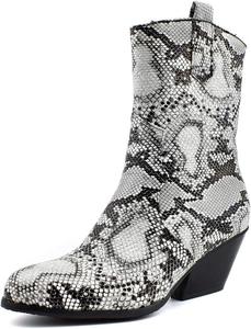 Женские ковбойские ботинки VOKLIN в западном стиле Челси на щиколотку с круглым носком, на толстом среднем каблуке, для верховой езды, White/Serpentine Print