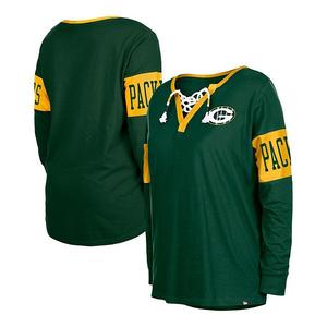 Женская зеленая футболка Green Bay Packers с длинным рукавом и V-образным вырезом New Era