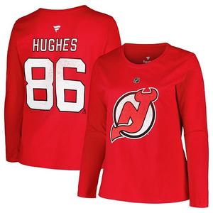 Женская футболка с длинным рукавом New Jersey Devils красного цвета, plus size, с именем и номером Jack Hughes Profile