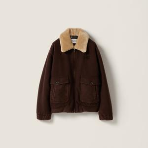 Блузон из окрашенной готовой шерсти с воротником из овчины MIU MIU, коричневый