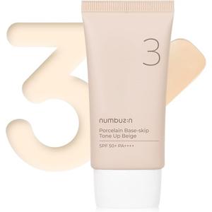 Numbuzin No. 3 Porcelain Base-Skip Tone Up Beige 1,69 жидких унций / 50 мл 3-в-1 тонирующий увлажняющий крем солнцезащитная пудра выравнивает тон кожи укрепляющий крем натуральный