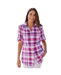 Женская рубашка Within с коротким рукавом и пуговицами из сирсакера Woman Within, Raspberry sorbet camp plaid