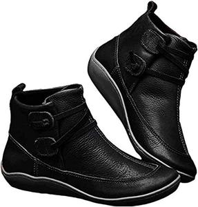 Удобные повседневные регулируемые мягкие кожаные ботильоны для женщин, противоскользящие ботинки на щиколотку, с круглым носком, низким клиновидным каблуком, ковбойские ботинки JUUCWOUT, Black