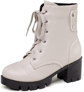 Женские ботильоны VOKLIN с круглым носком, массивным средним каблуком, платформой, шнуровкой и боковой молнией, Beige-Velvet Lined