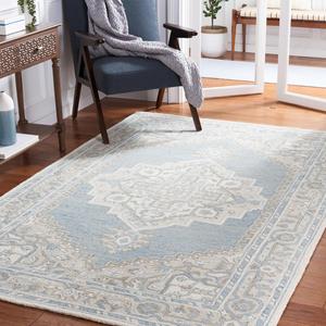 Ковер SAFAVIEH, 122 x 183 см, Metro Collection, Light Blue & Ivory, ручной работы, восточный медальон, шерсть, идеально для помещений с высокой проходимостью: прихожая, гостиная, спальня (MET615K)