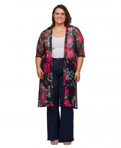 Прозрачный кардиган-накидка с цветочным принтом, длиной до колена, больших размеров 24seven Comfort Apparel, Black multi