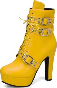 Женские ботильоны с массивным каблуком и застежкой-пряжкой, сексуальные с круглым носком, шнуровкой, в стиле панк, утепленные, с платформой, готические, средние по голенище DEVILEYEZE, Yellow
