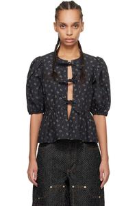 Черная хлопковая блузка с баской и принтом GANNI