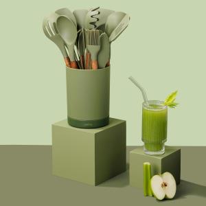 Набор силиконовых кухонных принадлежностей и держатель: набор кухонных принадлежностей (дерево акации, зеленый) SMIRLY