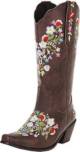 Женские ботильоны ZBYY с вышивкой цветов, средней длины до голени, квадратный носок, ковбойские сапоги с массивным каблуком, короткие ботинки вестерн, Brown