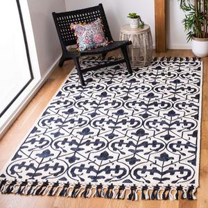 Ковер SAFAVIEH, 92 x 153 см, Sahara Collection, Navy & Ivory, ручной работы с кистями в стиле бохо, идеален для помещений с высокой проходимостью: прихожая, гостиная, спальня (SAH407N)