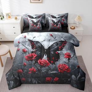 Erosebridal Комплект постельного белья Halloween Queen с готическими бабочками и красными розами в ретро стиле, Red and Black