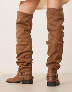 Сапоги Kimmy из замши выше колена с ремешками песочного цвета Asos Design