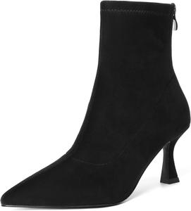 Ботильоны RIBONGZ для женщин, с низким каблуком, задняя молния, заостренный носок, элегантные с мехом, средняя голень, короткий каблук-стилет, модные кожаные и замшевые рабочие и нарядные туфли, Black Suede