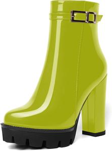 Женские ботильоны AMBELIGHT на платформе с круглым носком, однотонные, для вечеринки, с молнией, сексуальные, лакированные, массивный высокий каблук 12 см, Yellow Green