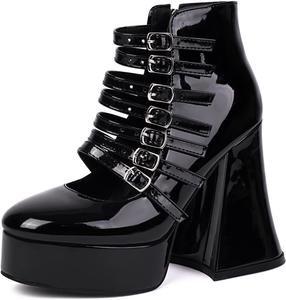 Ботинки UniqueStride в готическом стиле на платформе, средней высоты, с массивным каблуком, панк Mary Jane, готическая обувь для косплея, Black Ankle Booties