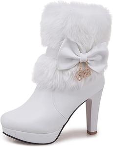 Женские модные ботильоны на платформе с высоким каблуком, с круглым носком, молнией и бантом, элегантные короткие ботинки JOEUSTY, White-Velvet Lined