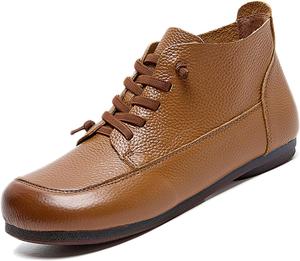 Женские кожаные плоские ботильоны на шнуровке в ретро стиле, удобные, с противоскользящей мягкой подошвой, низкий каблук, короткие ботинки для повседневной носки, работы и прогулок TWODNAWK, Browm