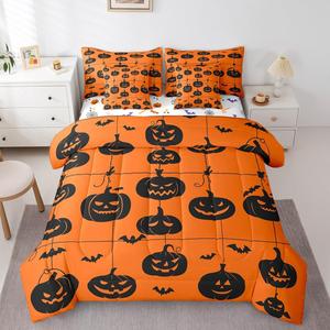 Erosebridal Комплект постельного белья Halloween Pumpkin с готическими тыквами и летучими мышами из сатина, Black Orange
