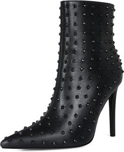 Maiosfy Ботильоны с острым носком на высоком каблуке-стилетто с заклепками, черная заклепочная отделка, прочная обувь с боковой молнией, обувь для вечеринок и клубных мероприятий