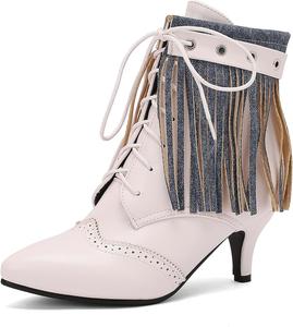 Женские ботильоны SHEMEE с бахромой, каблук-кикушка, ботинки до щиколотки, шнуровка, заостренный носок, короткие ботинки с кисточками, низкие и средние каблуки, броги с комбинированной отделкой из денима, винтажные праздничные туфли, White