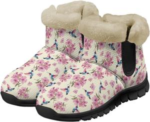 Женские пушистые ботильоны Wam зимние ботинки против скольжения, снежные ботильоны с искусственным мехом, ботильоны до щиколотки, домашняя обувь Chririnla, Pink Flowers Hummingbirds