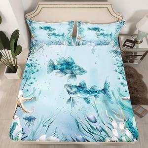 Erosebridal Комплект постельного белья Pike Fish с принтом морских обитателей в бирюзовых тонах, Teal Light Blue Light Brown