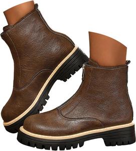 Женские боевые ботинки на высокой платформе с массивным низким каблуком, модная боковая молния, шнуровка, мотоциклетные короткие ботинки, удобные теплые зимние ботиночки, водонепроницаемые кожаные походные ботинки для улицы JYSwoshoe, A-Brown