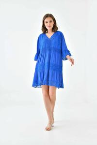 Кружевное мини-платье с рукавами 3/4 и V-образным вырезом оверсайз HOXTON GAL, синий