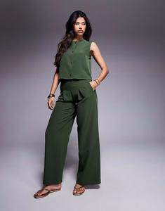 Широкие брюки со складками спереди цвета хаки Asos Design